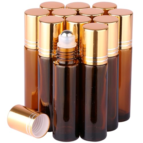 inice 12 Pack Essential Oil Roller Bottles Amber Glass RollerBalls for Essential Oils Refillable Roll on Perfume Bottles with Alloy Caps for Travel