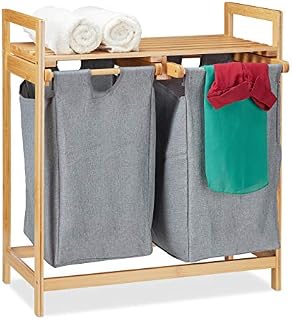 Relaxdays Laundry Basket with Shelf, 2 Compartments, 2 x 30 Litre Laundry Bags, Bamboo Pull-Out Laundry Basket, HBT 73 x 64 x 33 cm, Natural/Grey, Pack of 1