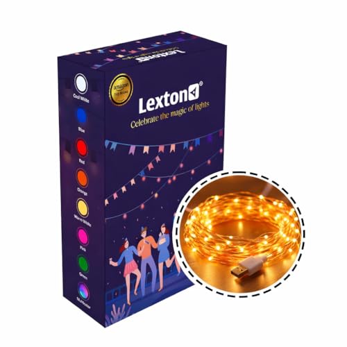 Image of Lexton 5 Meter LED Copper String Light | USB Powered Fairy Lights | Decorative Lights for Diwali, Festival, Home, Balcony & Outdoor Decoration (Yellow, Pack of 1)