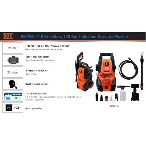 Image of BLACK+DECKER BEPWB1740-IN 220V 1500W High Pressure Washer, 5.3 L /min Maximum Flow Rate, IPX5 Protection