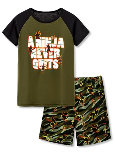 Beezizac Big Boys Pajamas Olive Green Ninja 2-Piece Short Sleeve PJ Set Children Sleepwear Size 14