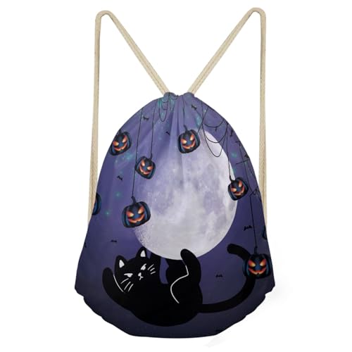 JooMeryer Funny Halloween Drawstring Bag Shoulder Bag Trick or Treat Backpack Lightweight Soccer Ball Bag Gift,Cute Cat Moon Bat