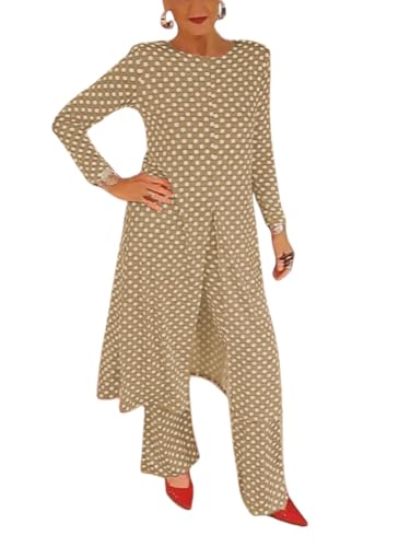 Womens Polka Dot Pant Suit 2 Piece Outfits Fall Long Tunic Tops and Wide Leg Pants Sets Matching Sets Women Clothing