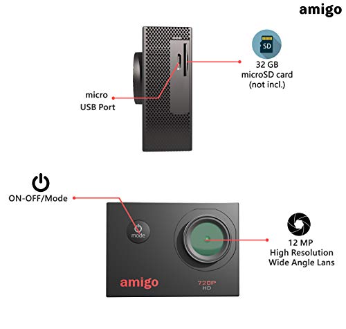 Image of (Refurbished) Amigo AC-11 HD Sports Action Camera with 12MP High Resolution Lens | 720p HD Image with Wide Angle Lens and Waterproof Upto 30 Meters (Black) | Works Best with Class 10 Micro SD Card