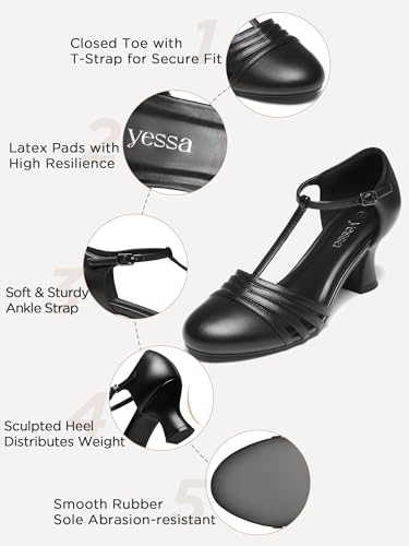 YESSA 1920s Shoes for Women Leather/Satin Ballroom Dance Shoes,T-Strap Character Shoes,2"/2.5" Dancing Pumps for Latin Salsa3