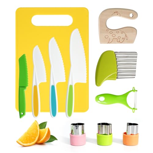 Kids Knife Set 11 Pcs Montessori Kitchen Tools for Toddlers 3+ Real Cooking BPA Free Kids Safe Kitchen Cooking and Baking Set with Peeler Cutting Board for Sandwich Bread Vegetable Fruit Gift