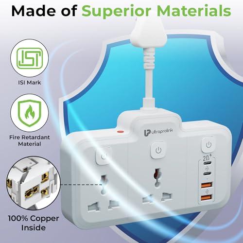 Image of UltraProlink 6 in 1 Surge Extension Board |Device Safety with ISI Approved Heavy Duty Cable-25cm6 Ports-2 Fast Charge Type-C(PD 20W),2 USB-A Ports & 2 AC Sockets|3 Power Switches|Made in India|UM1272