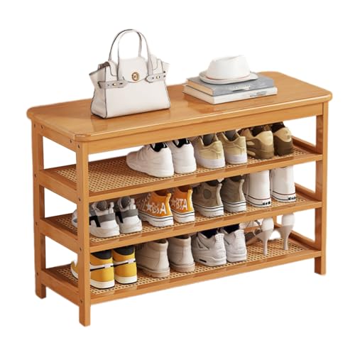 Banc à chaussures en noyer 65cm - Étagère en bois massif et rotin pour entrée