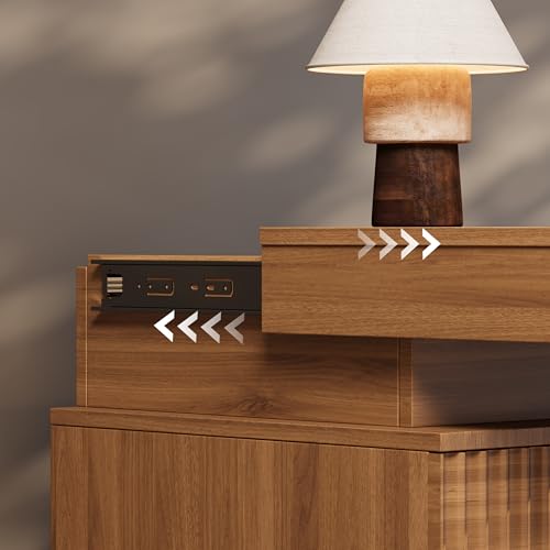 Image of Fluted Nightstand with Charging Station and LED Light, Bedside Table with Sliding Top, USB Ports and AC Outlets, 3 Drawer Storage Cabinet, Modern End Table for Bedroom, Walnut