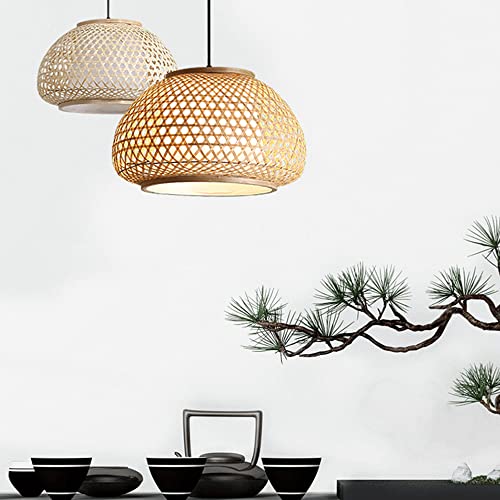 Suspension LED E27 beige en bambou tissé main style industriel moderne - 3