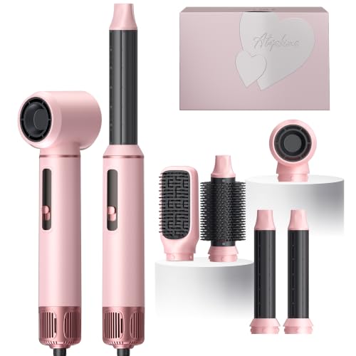Atopskins 5 in 1 Blow Dryer Brush Set, 1000W Hot Air Styler with Auto-Wrap Curler & LED Temp Display, Negative Ion Hair Dryer Brush for Straightening, Volumizing & Curling - Pink