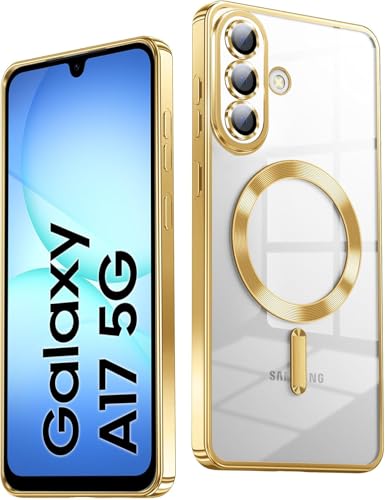Image of VONZEE Clear Logo Electroplating Transparent Case for Samsung A17 5G, Magnetic Plating [Support for MagSafe Charger] Electroplate TPU Cover, Individual Camera Protection for Each Lens - Gold
