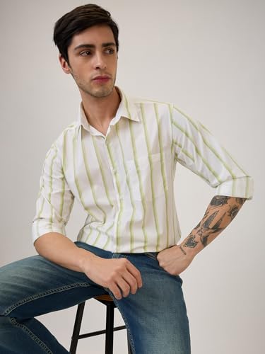 Image of Spykar Men Slim Fit Green Striped Casual Shirt (Size: 3XL)-MSHST1BE246-Lint Green