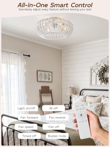 Image of Wood Caged Farmhouse Ceiling Fans with Lights for Bedroom, White, 20 inch | Flush Mount,Rustic, Remote Control, Wooden Low Profile for Living Room, Nursery