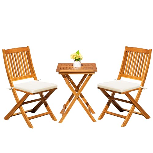 Image of Greesum 3 Piece Patio Folding Furniture Bistro Set with 2 Cushions for Pool Beach Backyard Balcony Porch Deck Garden, Acacia Wood