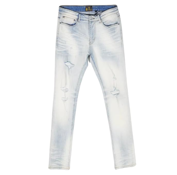 Men's Slim-fit Mid-Rise Denim Jeans with Tie-dye and Holey Design for Casual Streetwear Style.