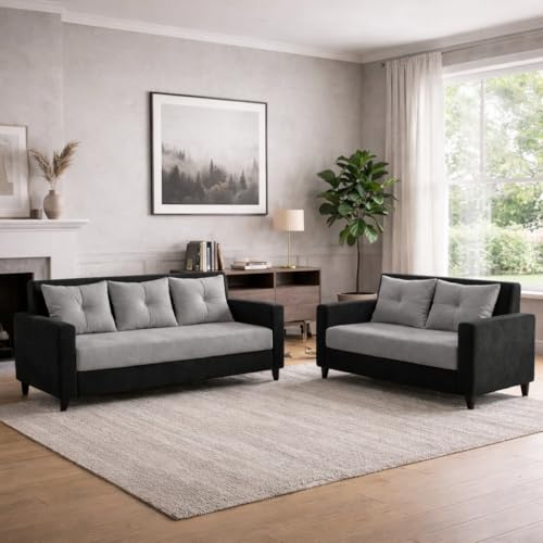 Image of Ultimate Comfort 3+2 Wooden Sofa Set | Premium Velvet Fabric | Modern 5-Seater Sofa | Durable & Stylish Living Room Furniture(Grey & Black)