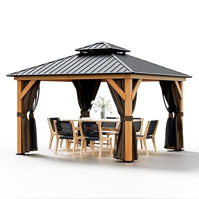 HAPPATIO 12' × 12' Wood Gazebo, Outdoor Hardtop Gazebo with Mosquito Netting and Curtains, Double Metal Roof Patio Gazebo Hard Top Gazebo for Garden, Patio, Deck, Parties (Brown)