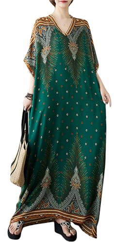 [ＹＯＮＧＯ] ロングワンピース レディース マキシ丈 大きいサイズ 花柄 トッド柄 Vネック 半袖 薄手 通気 快適 サマードレス カジュアル 部屋着 綿ワンピース 民族風 エスニック 夏 ゆったり 体型カバー(Free Sizeグリーン)のサムネイル