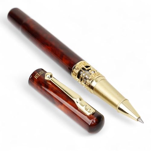 Image of 20740 Luxury Roller Ball Pen Marble Wood Texture Sculpture Design Metal Body with Crafted Golden Clip & Golden Trim, Gift Set for Men & Women, Executives with High End Gift Box.