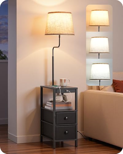 EDISHINE Floor Lamp with Table USB-A+Type-C Port Dimmable Bedside Floor Lamp with Shelves Farmhouse Remote Nightstand Light for Living Room Bedroom Den Office Bulb Included Black