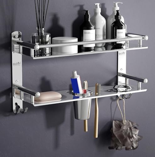 GLOXY Wall Mount Bathroom Shelves Stainless Steel with Soap Holder & Toothbrush Holder | Chrome Finished Premium 4 in 1 Washroom Storage Organiser Bathroom Stand