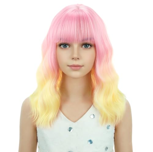 Image of PATTNIUM Girls Pink Ombre Yellow Wig with Bangs Kids Short Wavy Curly Wig Pink and Yellow Bob Wigs Synthetic Halloween Costume Cosplay Party Wigs