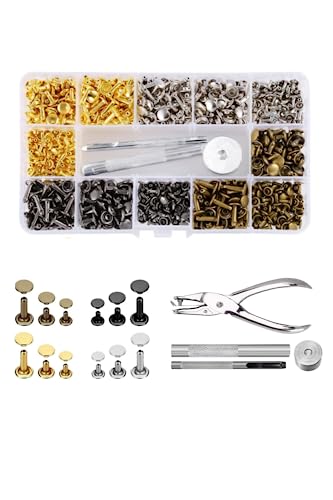 YFFSFDC レザークラフト カシメセット 3サイズ 4種色リベット スタッズ 底鋲 打ち具セット 丸形6mm 8mm 12mm 穴あけ 打ち具 打ち台 パーツ DIY 手作り ベルト 布革細工 靴 ジーンズカバン 収納ケース付き (360組)