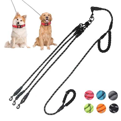 Three Dog Leash for Small and Medium Dogs - Exceptional 360 Anti-Tangle & No Pull With 3 Handles - Reflective for Safety & Convenience (Black, 3 Way)