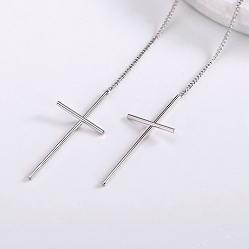 Epinki Gold Plated Earrings, Womens Long Chain Cross Silver Threader Dangle Earrings