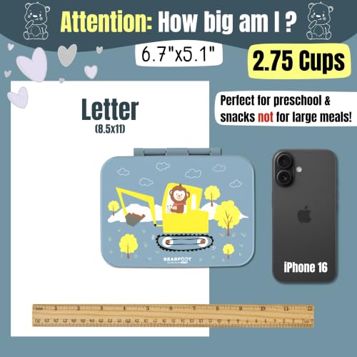 Image of Kids Lunch Box with Compartments - Compact & Lightweight | Leak-Proof, BPA-Free, Dishwasher Safe | Hand-Drawn Design for Preschool, School, Travel (Excavator Monkey Blue, 2.75 Cups)