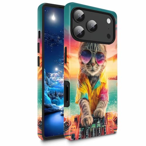 Bxgolkgd Funda de TPU + PC para iPhone 17 Pro Max de 6.9 pulgadas, doble capa a prueba de golpes, carcasa resistente anticaídas para hombres y mujeres, gafas de sol DJ Cat