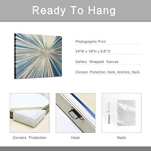 Artistic Path Abstract Painting Artwork Picture Canvas: Gray & Blue Art With Gold Foil Painted Contemporary Rays Wall Art On Canvas (24" W X 18" H,Multi-Sized) #TOP6