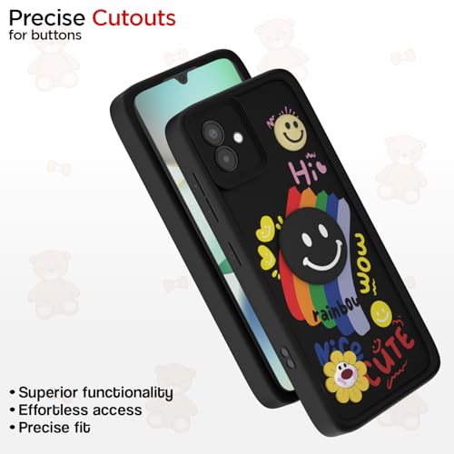 Image of Pikkme Back Cover for Samsung Galaxy M04 / F04 / A04e | Soft Silicone| Cute Rainbow Smile & 3D Cartoon Flower Design | Shockproof Raised Camera Protection Bumper Case (Black)