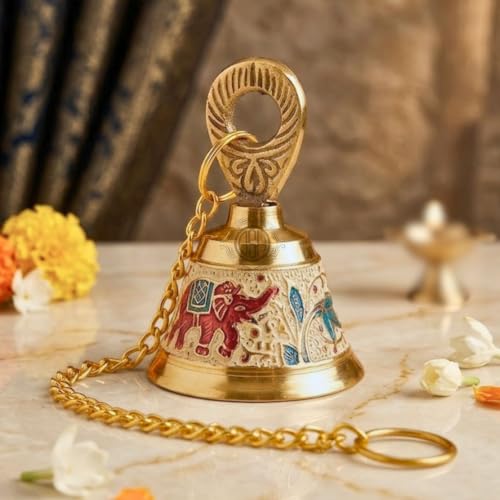 Image of DSH Pure Brass Hanging Bell with Chain for Temple Mandir Door Home Decorative Ringing Bell (White, 1)
