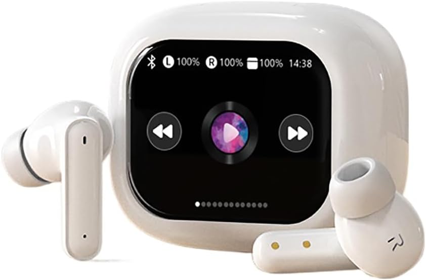 Wireless Bluetooth Headphones, 5.4 Bluetooth Earbuds with LCD Touch Screen Noise-Cancelling Headphones, Ultra-Long Battery Life, Touch Screen Control, high-Definition Call Microphone (White)