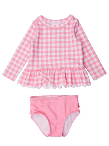 Image of RuffleButts Baby /Toddler Girls Scalloped Long Sleeve Rash Guard 2-Piece UPF50+ Sun Protected Swimsuit