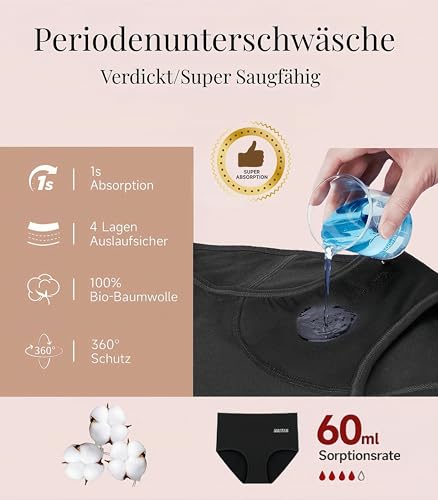 SUUFOR Periodenunterschwäsche Starke Blutung 60ML, Hohe Taille Hohe SaugfäHigkeit Perioden Unterwäsche, Atmungsaktiv Lecksicher Menstruationsunterwäsche MäDchen & Frauen (3er Pack) M