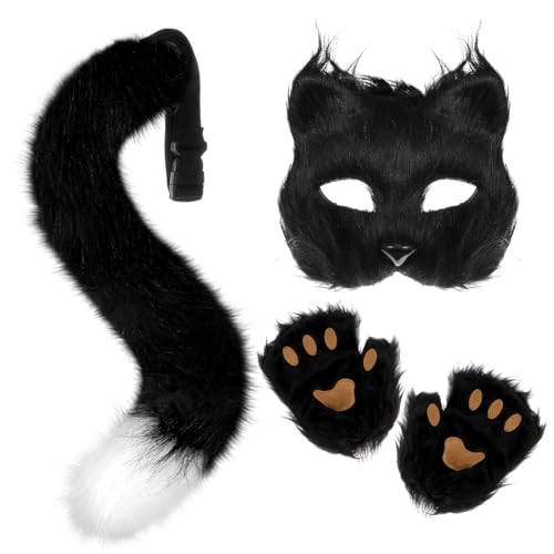 XEPST Conjunto de Disfraces de Zorro Lobo Animal, Fox Faux Fur Cola y Patas de Zorro con Máscara de Zorro para Disfraz de Animal Cosplay Cumpleaños Fiesta de Disfraces de Halloween, Negro