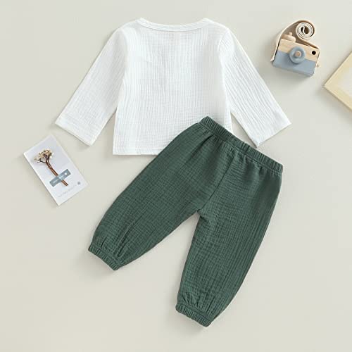 Baby Boy Girl Clothes Toddler Cotton Linen Outfit Muslin Long Sleeve T-Shirt Tops Pants Set (A-White Green, 12-18 Months) #TOP2