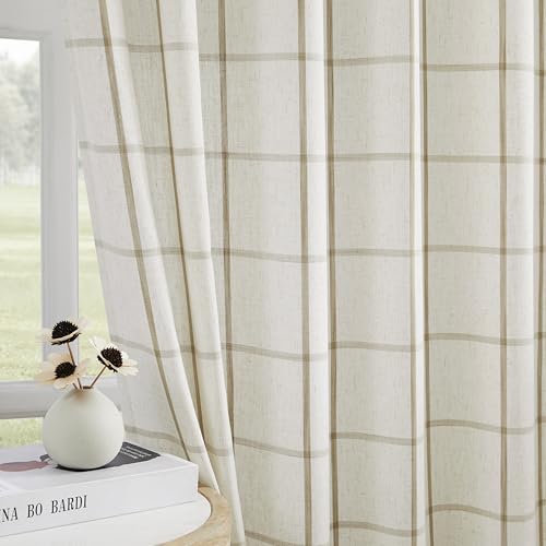 Vision Home Flax Linen Plaid Pinch Pleated Semi Sheer Curtains 60Wx102Lx2 - image 2