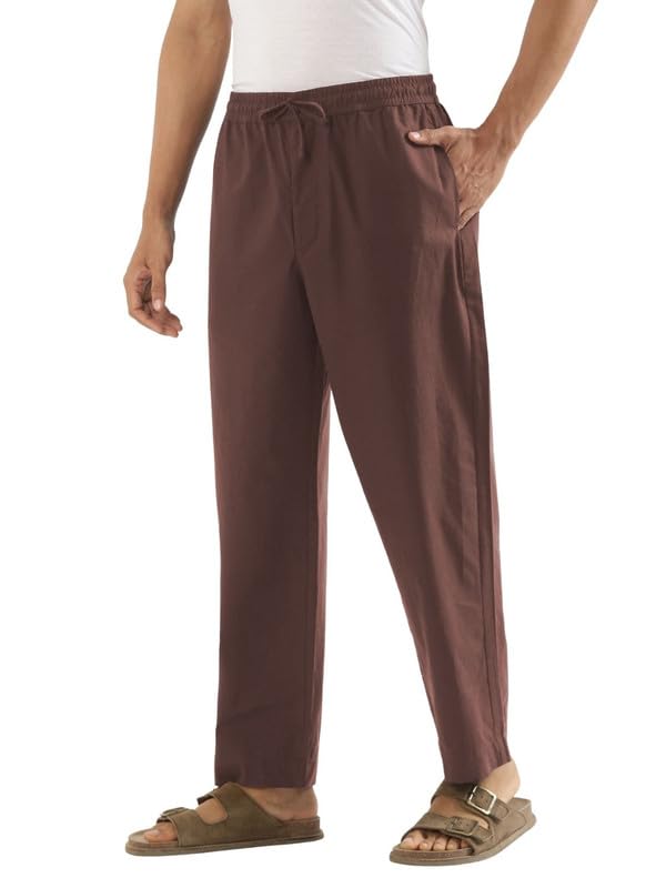 Image of SAADAA Men's 100% Cotton Pants | Mid-Rise Straight Fit Casual Trousers with Elastic Waistband and 3 Pockets | Everyday Wear