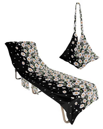 White Daisy Beach Pool Patio Lounge Chaise Chair Cover Towel with Pockets,Absorbent & Quick Dry Microfiber Towel Cover Bag Summer Travel Accessories for Sunbathing Rural Summer Flowers Black Backdrop