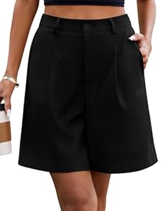 PASUDA Bermuda Shorts Damen Lässig Elastische Hohe Taille Sommer Kurze Hose Einfarbig Weite Bein Kurze Hosen Casual Business Arbeitshose Cargohose mit Taschen Gürtelschlaufen (Schwarz, L)