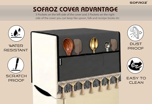 Image of Refrigerator Single Door Waterproof, Dustproof, Protective Cover for Fridges with Extra Storage Space Nylon Top Cover with 6 Storage Pockets (130 x 54 cm) (Grey Lace)