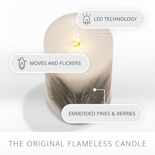 Image of Luminara Flameless LED Candle Pine Berries Pinecone Embedded Real Wax Moving Flame Pillar Unscented with Recessed Edge, Remote Ready, Timer (3.5 x 6.5 inch)