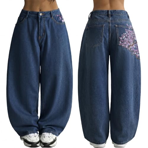 Image of EMMIOL Women Hip Hop 90s Vintage Baggy Jeans Denim Pants Mid Waist Jeans