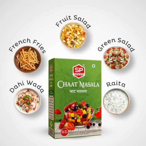 Image of SP Spices Kashmiri Mirch, Chaat Masala, Amchur, Ginger Powder & Kasoori Methi Combo Pack | Premium Indian Spices | Perfect for Cooking, Snacks, Chaat, Curries , vegetables & Marinades (100g ChatMasala)