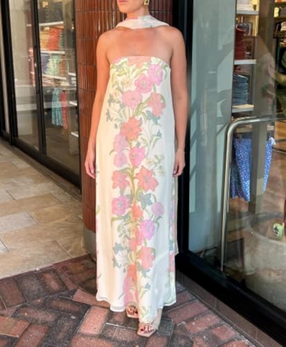 Image of Women Floral Print Maxi Tube Dress Strapless Flowy Long Bandeau Dress Y2K Open Back Sundress Summer Beachwear