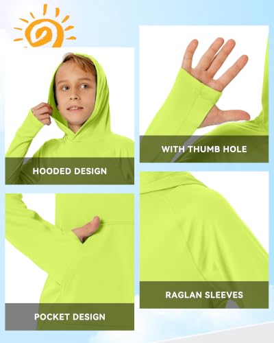 Image of Boys Rash Guard Long Sleeve Hoodie Swim Shirt with Pocket Youth Kids UPF 50+ Sun Protection Fishing Shirts Thumb Hole